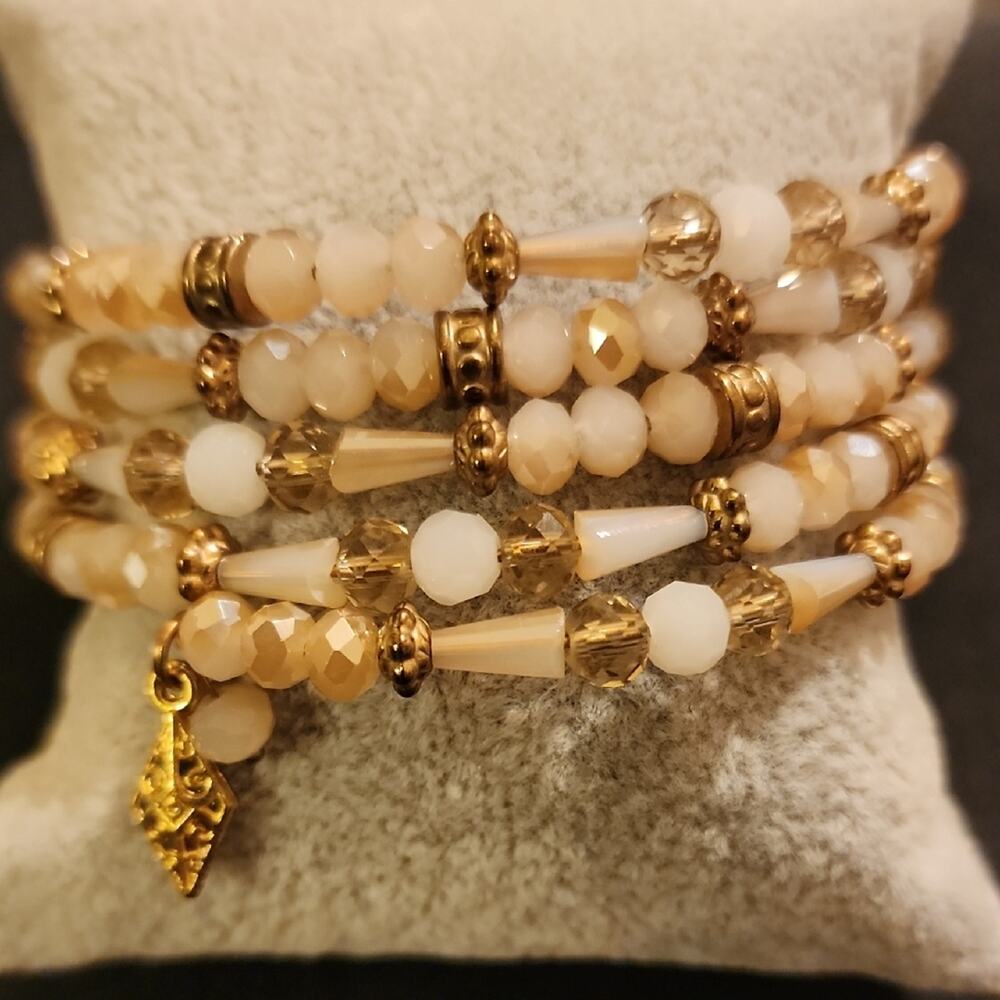 Gold and Cream Multi-Strand Bracelet with Pearlescent Beads